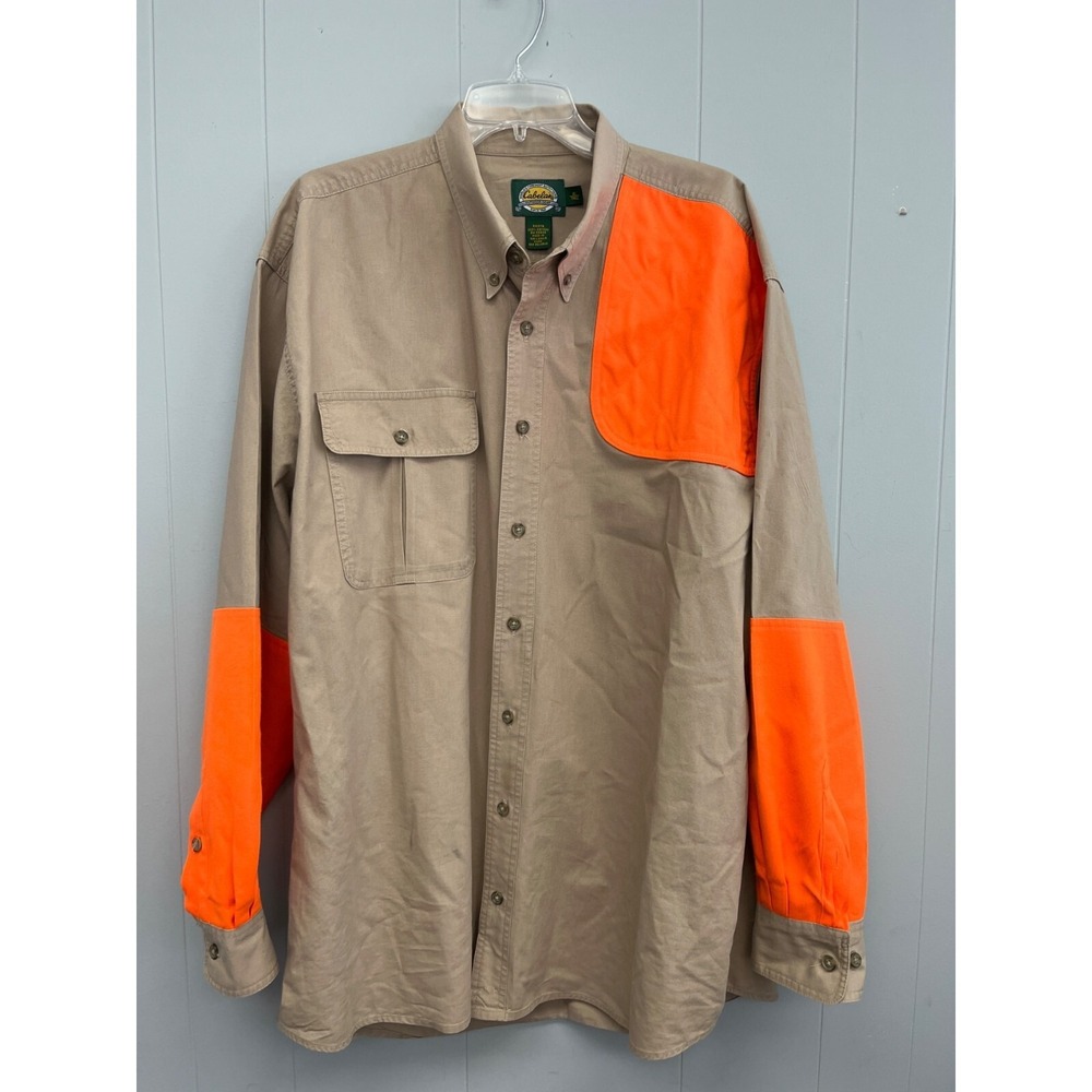 Cabela's XL Tall Shooting Shirt Padded Shoulder Button Up Khaki Orange